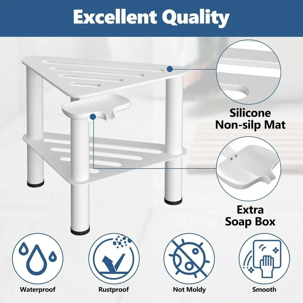 White Metal Corner Shower Foot Stool with Shelf & Soap Box
